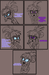 Size: 1024x1570 | Tagged: dead source, safe, artist:wubcakeva, sci-twi, twilight sparkle, equestria girls, g4, mad twience, my little pony equestria girls: summertime shorts, clothes, comic, dialogue, dr jekyll and mr hyde, female, glasses, glowing eyes, goggles, insanity, lab coat, mad scientist, midnight sparkle, monochrome, simple background, solo, split personality