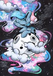 Size: 859x1236 | Tagged: safe, artist:cutepencilcase, princess luna, alicorn, pony, g4, chibi, eyes closed, female, full moon, mare, moon, smiling, solo, tangible heavenly object, traditional art