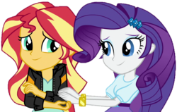 Size: 1026x654 | Tagged: safe, artist:thebar, derpibooru exclusive, rarity, sunset shimmer, equestria girls, g4, my little pony equestria girls: friendship games, bracelet, clothes, duo, female, gem, jacket, jewelry, leather jacket, simple background, transparent background