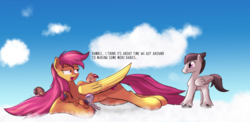Size: 1024x498 | Tagged: safe, artist:cosmonaut, rumble, scootaloo, oc, pegasus, pony, g4, broodmare, cloud, dialogue, eyes closed, fanfic, fanfic art, female, giant pony, macro, male, offspring, open mouth, parent:rumble, parent:scootaloo, parents:rumbloo, ship:rumbloo, shipping, size difference, sky, sleeping, straight