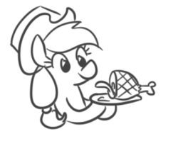 Size: 438x348 | Tagged: safe, artist:jargon scott, oc, oc only, oc:hamplejack, earth pony, pony, black and white, cowboy hat, food, grayscale, ham, hat, hoof hold, meat, monochrome, not applejack, plate, ponies eating meat, simple background, solo, white background