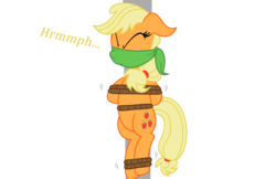 Size: 4246x2746 | Tagged: dead source, safe, artist:php103, applejack, earth pony, pony, g4, blushing, bondage, bound and gagged, cloth gag, damsel in distress, eyes closed, female, floppy ears, gag, muffled words, pole, pole tied, rope, rope bondage, simple background, solo, struggling, tied up, transparent background