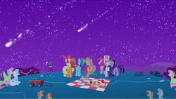 Size: 1277x721 | Tagged: safe, screencap, apple bloom, applejack, fluttershy, pinkie pie, rainbow dash, scootaloo, sweetie belle, twilight sparkle, earth pony, pegasus, pony, unicorn, g4, applejack's hat, cowboy hat, hat, hill, looking up, mountain, night, picnic blanket, shooting star, sky, telescope, tree, wagon