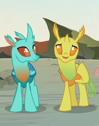 Size: 700x883 | Tagged: safe, screencap, clypeus, cornicle, changedling, changeling, g4, to change a changeling, background changeling, cropped, duo, raised hoof, smiling