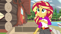 Size: 1280x720 | Tagged: safe, screencap, sunset shimmer, equestria girls, g4, my little pony equestria girls: legend of everfree, boat, building, camp everfree outfits, clothes, female, lake, scenery, shorts, solo