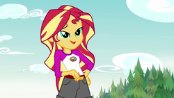 Size: 1280x720 | Tagged: safe, screencap, sunset shimmer, equestria girls, g4, my little pony equestria girls: legend of everfree, camp everfree outfits, clothes, female, open mouth, scenery, shorts, solo, tree