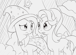 Size: 1192x864 | Tagged: safe, artist:dusthiel, starlight glimmer, trixie, pony, unicorn, g4, cape, clothes, female, grayscale, hat, looking at each other, mare, monochrome, trixie's cape, trixie's hat