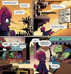 Size: 1238x1280 | Tagged: safe, artist:andy price, idw, official comic, tempest shadow, pony, g4, my little pony: the movie, my little pony: the movie prequel, spoiler:comic, broken horn, cloak, clothes, comic, eye scar, female, horn, klugetown, mare, market, misfortune malachite, scar, speech bubble, unnamed character, unnamed klugetowner