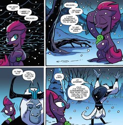 Size: 1163x1178 | Tagged: safe, artist:andypriceart, idw, official comic, storm king, tempest shadow, pony, g4, my little pony: the movie, my little pony: the movie prequel, spoiler:comic, spoiler:my little pony movie prequel, broken horn, cloak, clothes, comic, duo, eye scar, female, horn, male, mare, misfortune malachite, scar, snow, speech bubble