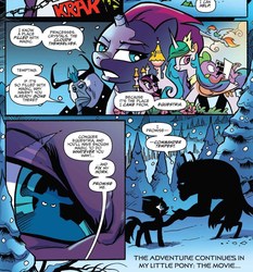 Size: 1126x1206 | Tagged: safe, artist:andypriceart, idw, official comic, princess celestia, rainbow dash, spike, storm king, tempest shadow, twilight sparkle, alicorn, dragon, pegasus, pony, unicorn, g4, my little pony: the movie, my little pony: the movie prequel, spoiler:comic, spoiler:my little pony movie prequel, broken horn, canterlot, cloak, clothes, comic, duo, equestria, eye scar, female, horn, male, mare, reflection, scar, snow, speech bubble