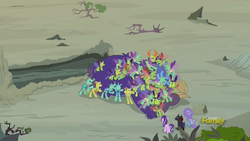 Size: 1920x1080 | Tagged: safe, screencap, arista, clypeus, cornicle, frenulum (g4), lokiax, pharynx, soupling, starlight glimmer, thorax, trixie, changedling, changeling, maulwurf, pony, unicorn, g4, to change a changeling, butt, changeling swarm, dogpile, herd, king thorax, plot, so much pony, swarm