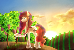 Size: 1280x868 | Tagged: safe, artist:cindrytuna, oc, oc only, earth pony, pony, food, grapes, solo, vineyard