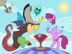 Size: 1024x768 | Tagged: safe, artist:pink-pone, berry punch, berryshine, derpy hooves, discord, draconequus, earth pony, pony, g4, balloon discord, balloon head, balloon punch, chaos, disembodied head, duo focus, female, food, grin, male, mare, modular, muffin, smiling, up