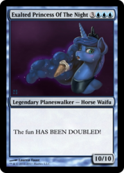 Size: 400x560 | Tagged: safe, artist:mrs1989, edit, princess luna, pony, g4, card, cute, food, funny, game, ice cream, lunabetes, magic the gathering, night, princess, the fun has been doubled, trading card edit, waifu