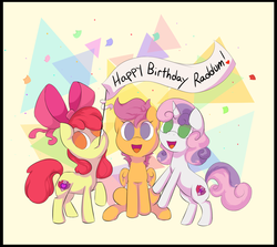 Size: 1500x1335 | Tagged: safe, artist:friendlyraccoon, apple bloom, scootaloo, sweetie belle, earth pony, pegasus, pony, unicorn, g4, banner, cutie mark crusaders, female, filly, happy birthday, looking at you, mouth hold, sitting, trio