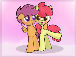 Size: 4563x3458 | Tagged: safe, artist:skyflys, apple bloom, scootaloo, earth pony, pony, g4, :p, blushing, female, filly, hug, lesbian, missing accessory, ship:scootabloom, shipping, silly, silly pony, spread wings, tongue out, wings