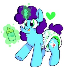 Size: 800x864 | Tagged: safe, artist:crinklemews, oc, oc only, oc:vitriol ink, pony, baby bottle, diaper, levitation, magic, non-baby in diaper, poofy diaper, solo, telekinesis, tongue out