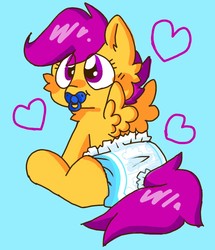 Size: 800x931 | Tagged: safe, artist:crinklemews, scootaloo, pony, g4, cute, cutealoo, diaper, female, non-baby in diaper, pacifier, solo