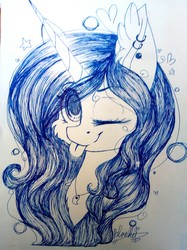 Size: 1518x2026 | Tagged: safe, artist:ohsushime, oc, oc only, oc:magical brownie, pony, unicorn, :p, ear piercing, female, mare, monochrome, one eye closed, piercing, silly, solo, tongue out, traditional art, wink