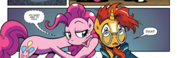 Size: 1988x656 | Tagged: safe, artist:brenda hickey, idw, official comic, pinkie pie, sunburst, earth pony, pony, unicorn, g4, legends of magic #5, my little pony: legends of magic, spoiler:comic, cropped, duo, female, glasses, male, mare, speech bubble, stallion