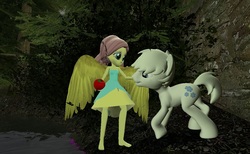 Size: 1168x720 | Tagged: safe, artist:horsesplease, double diamond, fluttershy, equestria girls, g4, 3d, apple, barefoot, cute, daaaaaaaaaaaw, double dawwmond, equestria girls to horse interaction, fall formal outfits, feeding, feet, food, gmod, herbivore, horses doing horse things, petting, sniffing, tree, water, winged humanization, wings