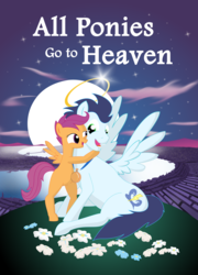 Size: 2877x4000 | Tagged: safe, artist:angina pectoris, scootaloo, soarin', pegasus, pony, g4, all dogs go to heaven, blank flank, city, crossover, cute, cutealoo, don bluth, flower, halo, hug, implied death, moon, river, soarinbetes