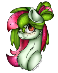 Size: 800x1000 | Tagged: safe, artist:keanuvyfoxy09, oc, oc only, oc:watermelana, pony, bust, chest fluff, freckles, looking at you, one eye closed, solo, wink