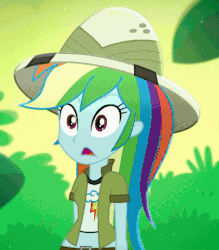 Size: 389x444 | Tagged: safe, screencap, rainbow dash, eqg summertime shorts, equestria girls, g4, leaping off the page, animated, clothes, cropped, cute, dashabetes, female, gif, hat, midriff, pith helmet, rainbow dash always dresses in style, short shirt, skirt, solo