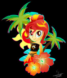 Size: 600x696 | Tagged: safe, artist:ii-art, sunset shimmer, equestria girls, g4, black background, clothes, equestria girls minis, female, flower, palm tree, sarong, simple background, solo, summer sunset, swimsuit, tree