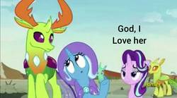 Size: 960x533 | Tagged: safe, artist:thesouthernnerd, clypeus, soupling, starlight glimmer, thorax, trixie, changedling, changeling, g4, to change a changeling, female, king thorax, lesbian, meme, ship:startrix, shipping