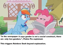 Size: 838x618 | Tagged: safe, edit, edited screencap, screencap, pinkie pie, rainbow dash, pony, daring done?, g4, meme, newspaper, ponestrip, triggered