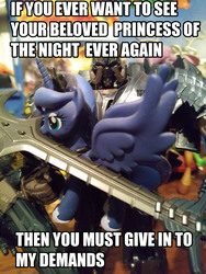 Size: 3120x4160 | Tagged: safe, princess luna, pony, g4, abuse, captured, decepticon, female, image macro, irl, lunabuse, megatron, meme, mystery minis, photo, ransom, sword, toy, transformers, transformers: the last knight, weapon