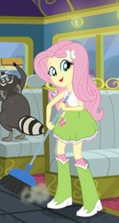 Size: 385x720 | Tagged: safe, screencap, fluttershy, raccoon, equestria girls, g4, get the show on the road, my little pony equestria girls: summertime shorts, boots, broom, clothes, female, shoes, skirt, smiling