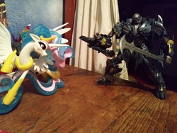 Size: 4160x3120 | Tagged: safe, princess celestia, pony, clash of hasbro's titans, fight, guardians of harmony, irl, megatron, misadventures of the guardians, photo, sword, toy, transformers, transformers the last knight, weapon
