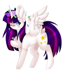 Size: 870x972 | Tagged: safe, artist:twinkepaint, oc, oc only, oc:twily star, alicorn, pony, alicorn oc, art trade, female, flower, flower in hair, mare, one eye closed, simple background, smiling, solo, transparent background, wink