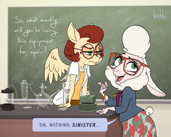 Size: 1000x800 | Tagged: safe, artist:birchly, oc, oc:dr pegasus, pegasus, sheep, anthro, blatant lies, chalkboard, crossover, dawn bellwether, dialogue, disney, disney style, disney villains, duo, floppy ears, furry, glasses, lies, suspicious, zootopia