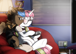Size: 1024x731 | Tagged: safe, artist:elzielai, oc, oc only, oc:playthrough, pegasus, pony, unicorn, beanbag chair, bedroom, blushing, clothes, commission, controller, couple, female, glasses, hoodie, kissing, lamp, male, mare, oc x oc, phone, shipping, stallion, straight, television
