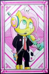 Size: 2208x3312 | Tagged: safe, artist:mustachedbain, angel bunny, fluttershy, pony, rabbit, semi-anthro, g4, animal, arm hooves, bipedal, clothes, female, gun, headset, high res, looking up, mare, mask, necktie, pants, patterned background, payday, payday 2, quizzical, rifle, shirt, sniper rifle, solo, story included, suit, traditional art, two toned background, weapon