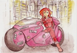 Size: 800x557 | Tagged: safe, artist:daisymane, sunset shimmer, equestria girls, g4, akira, clothes, female, futuristic, motorcycle, parody, smiling, solo, traditional art