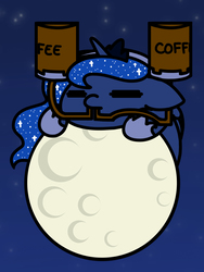 Size: 1350x1800 | Tagged: safe, artist:flutterluv, princess luna, alicorn, pony, series:flutterluv's full moon, g4, chibi, coffee, cute, drinking, drinking hat, female, floppy ears, full moon, hat, luna found the coffee, lunabetes, mare, moon, night, solo, tangible heavenly object
