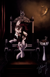 Size: 782x1203 | Tagged: safe, artist:shivannie, oc, oc only, pony, vampire, clothes, commission, fangs, lidded eyes, male, red eyes, sitting, solo, stallion, throne