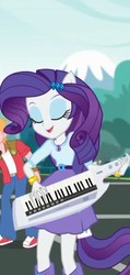 Size: 340x717 | Tagged: safe, screencap, big macintosh, rarity, equestria girls, g4, get the show on the road, my little pony equestria girls: summertime shorts, clothes, eyes closed, musical instrument, offscreen character, ponied up, skirt