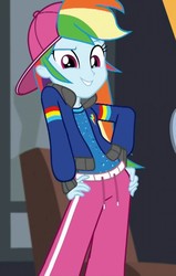 Size: 457x720 | Tagged: safe, screencap, rainbow dash, equestria girls, g4, get the show on the road, my little pony equestria girls: summertime shorts, backwards ballcap, baseball cap, cap, clothes, cropped, female, hand on hip, hat, jacket, pants, rapper dash, sexy, smiling, zoomed in