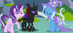 Size: 4142x1902 | Tagged: safe, artist:frownfactory, pharynx, starlight glimmer, trixie, changeling, pony, unicorn, g4, to change a changeling, .svg available, cape, clothes, female, hat, horn, male, mare, svg, transparent wings, trio, trixie's cape, trixie's hat, vector