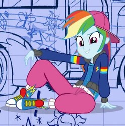 Size: 419x422 | Tagged: safe, screencap, rainbow dash, eqg summertime shorts, equestria girls, g4, get the show on the road, backwards ballcap, baseball cap, blueprint, breakdancing, cap, clothes, converse, cropped, female, hat, jacket, pants, rapper dash, sexy, shoes, smiling, sneakers, zoomed in