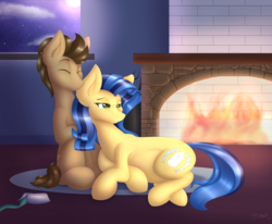 Size: 1309x1080 | Tagged: safe, artist:d-sixzey, doctor whooves, time turner, oc, oc:milky way, earth pony, pony, g4, canon x oc, commission, eyes closed, female, fireplace, lying down, male, mare, pregnant, sensibly-proportioned pregnancy, shipping, smiling, stallion, straight, window