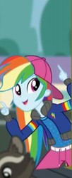 Size: 165x405 | Tagged: safe, screencap, rainbow dash, raccoon, eqg summertime shorts, equestria girls, g4, get the show on the road, backwards ballcap, baseball cap, cap, clothes, cute, dashabetes, female, hat, jacket, open mouth, pants, rapper dash, school bus, smiling, zoomed in