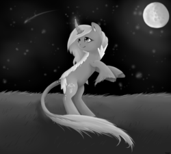 Size: 1600x1440 | Tagged: safe, artist:violentdreamsofmine, oc, oc only, oc:twin lily, kirin, pony, cloven hooves, curved horn, female, grayscale, horn, leonine tail, monochrome, moon, night, rearing, solo, unshorn fetlocks