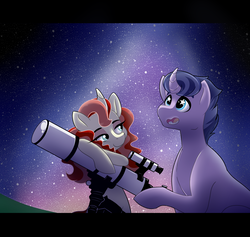 Size: 3507x3322 | Tagged: safe, artist:marukouhai, oc, oc only, oc:bella, oc:ceres, pony, unicorn, curved horn, female, high res, horn, lidded eyes, male, mare, night, offspring, parent:flash sentry, parent:twilight sparkle, parents:flashlight, stallion, starry eyes, straight, telescope, wingding eyes