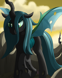 Size: 2200x2750 | Tagged: dead source, safe, artist:orangejuicerus, queen chrysalis, changeling, changeling queen, g4, to where and back again, cloud, female, former queen chrysalis, high res, sky, solo